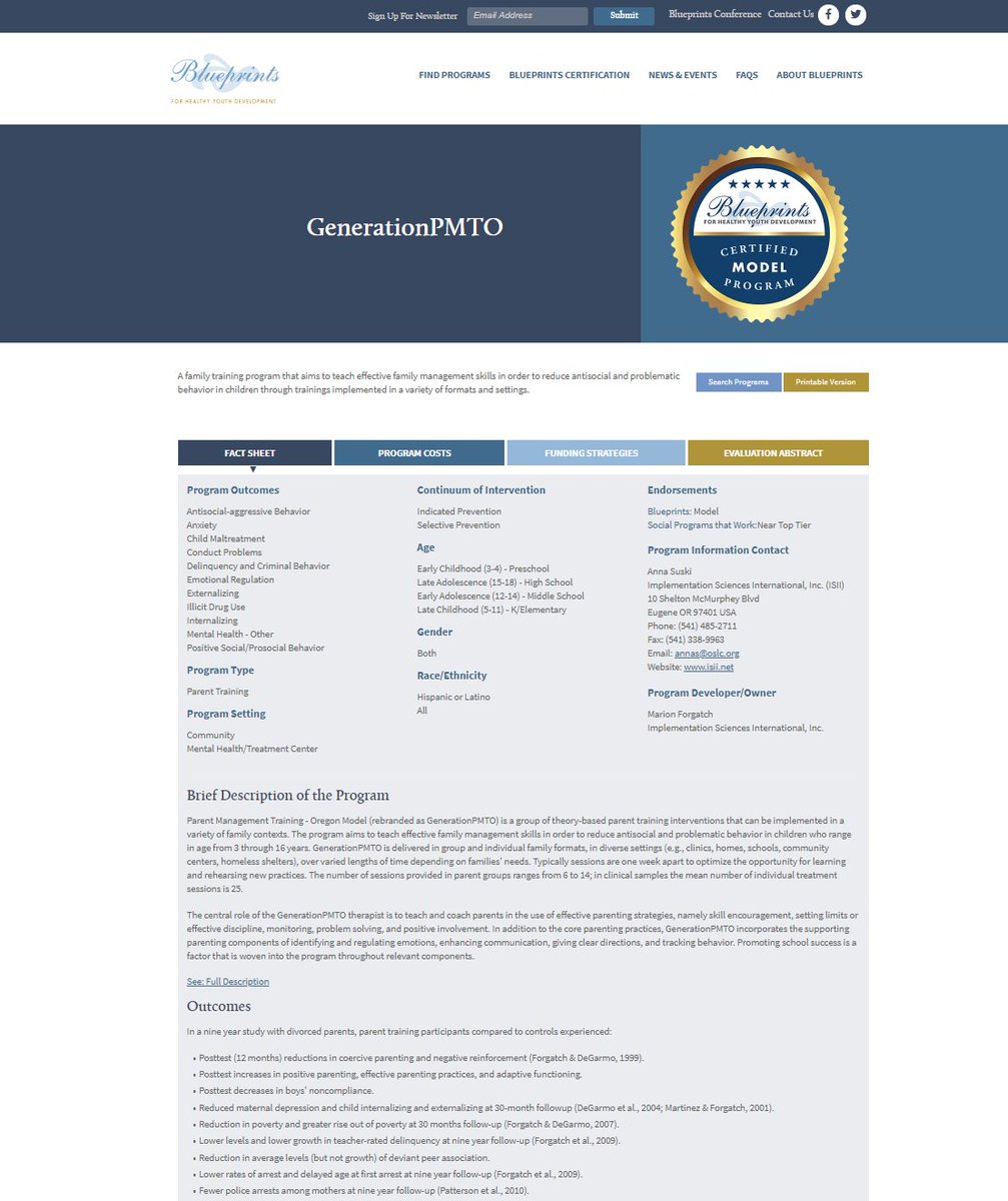 GenerationPMTO is a family-training program that aims to teach effective family management skills to reduce antisocial and problematic behavior in children. Blueprints certified this program as Model based on results from 3 randomized control trials: bit.ly/2OUhQoy