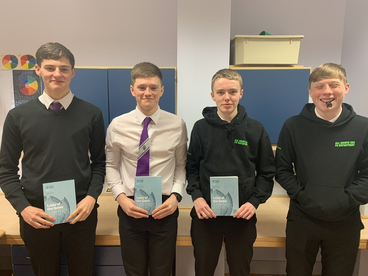 allsaints_PE's tweet photo. Well done to our 4 senior pupils who passed their Football Refereeing Laws of the Game unit with flying colours ⚽️🟡🔴 @allsaintsrcsec @GlasgowReferees https://t.co/RNRvMB4trE