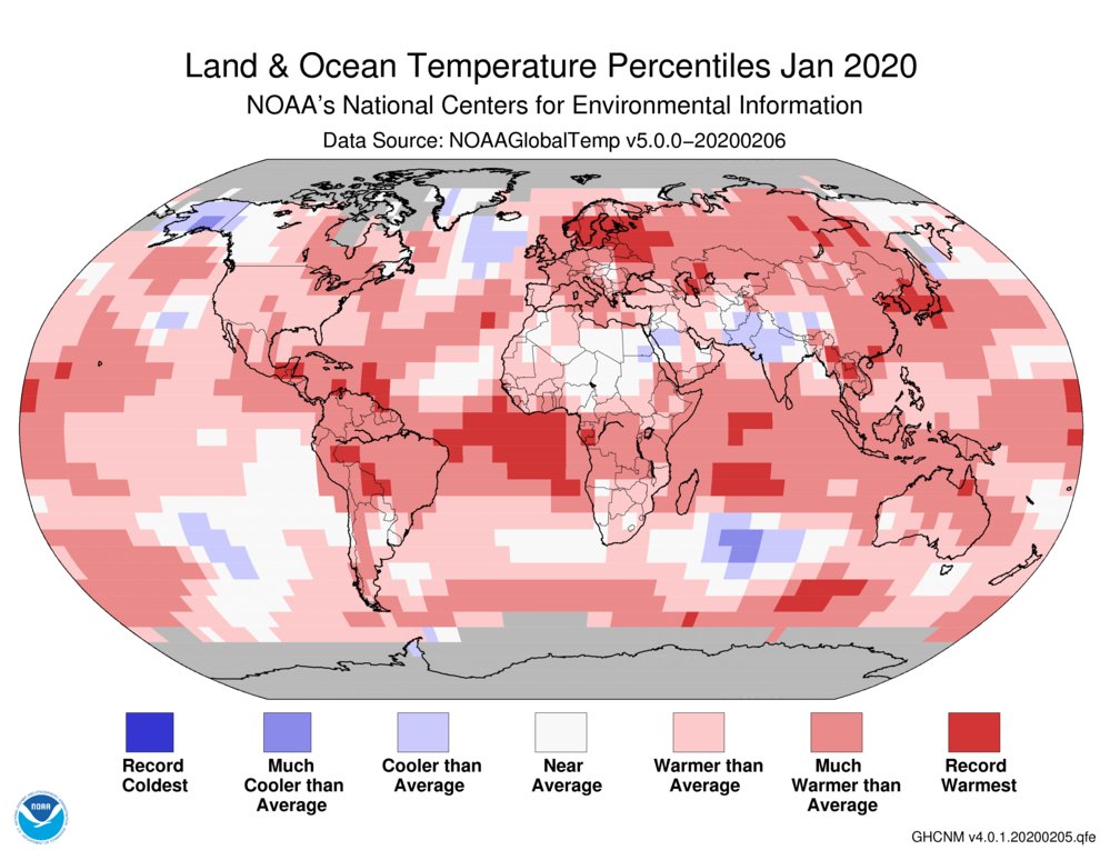 NOAANCEI's tweet image. At 2.05°F (1.14°C) above average, the January 2020 global temperature ranked as the warmest January on record: bit.ly/Global202001 #StateOfClimate