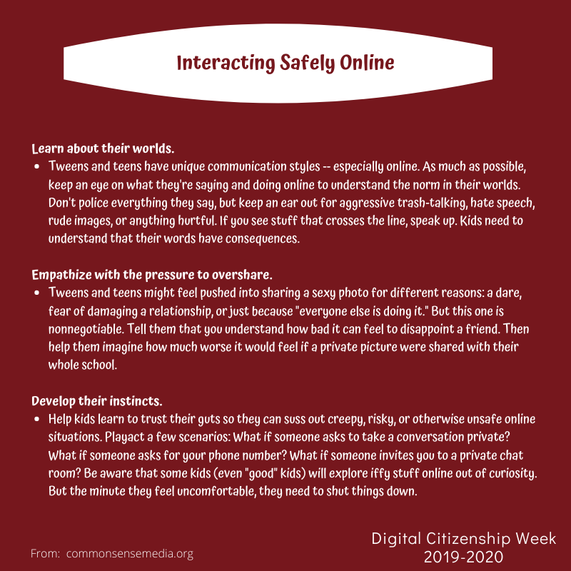 Be sure to talk to your children about interacting safely online.  Have a conversation about what they see online and what they post. <a href="/NorthDecaturHS/">North Decatur High School</a>