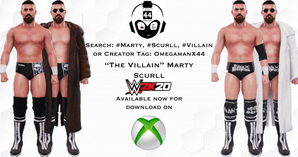 OmegamanX44's tweet photo. NOW available on #WWE2K20 for #XboxOne “The Villain” @MartyScurll! Credit @Defract & @bobbydeniero for the face/body/2nd attire logos & V R Y N JOEKING for the move-set. Search tags: #Marty, #Scurll, #Villain or Creator Tag: OmegamanX44 #DenieroInc #Xbox #xboxshare @rjvicich https://t.co/1EJsFzl07A