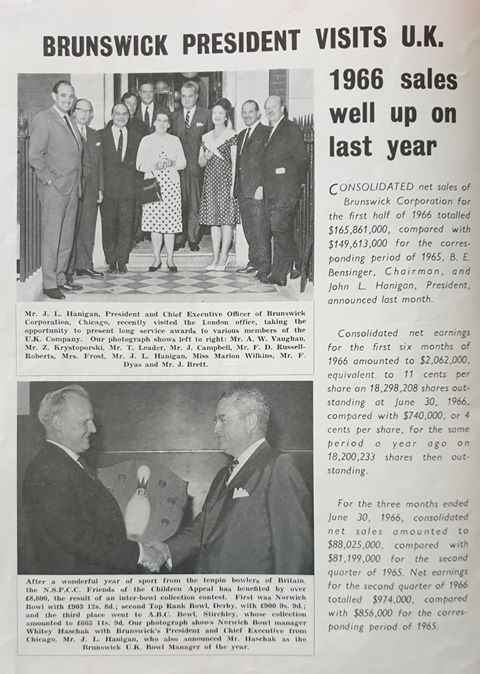 Brunswick Bowling 54 Years Ago Then President And Ceo Of Brunswick John L Hanigan Visited The London Offices To Celebrate A Stellar Start To The First Half Of 1966 Tbt