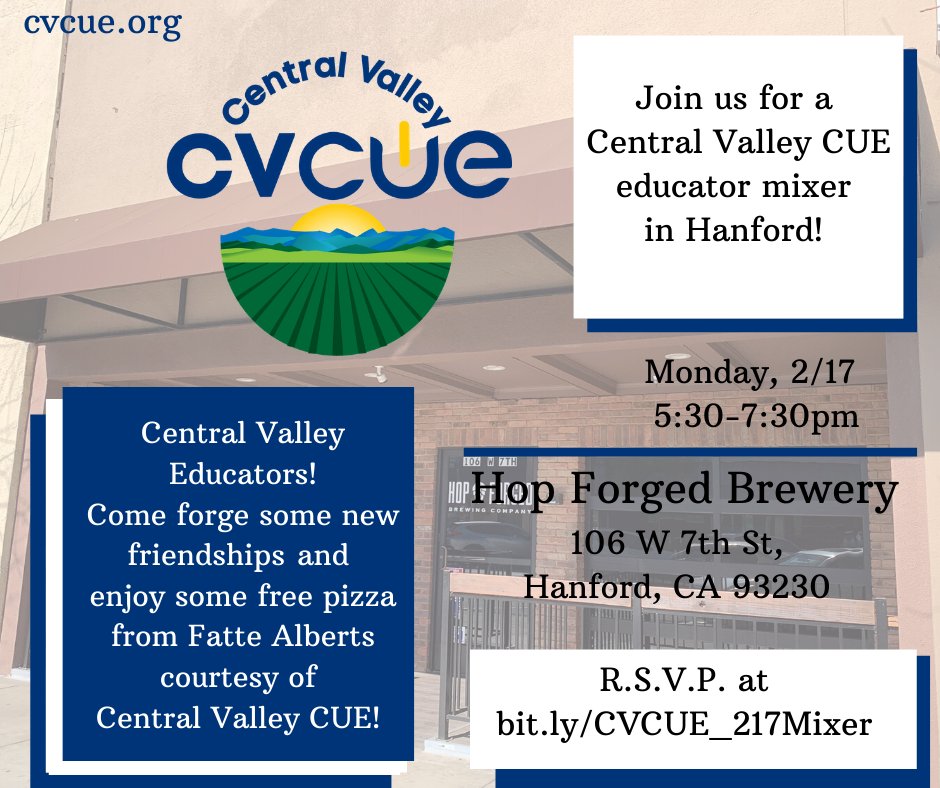cvcue's tweet image. CVCUE is heading to Hanford! We want to celebrate local educators by treating you to some Fatte Albert&apos;s pizza at Hop Forge Brewery.  

Let&apos;s forge some new edu friendships and enjoy some camaraderie.  Please R.S.V.P. with the link below.

bit.ly/CVCUE_217Mixer #cvcue #wearecue