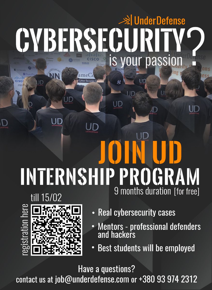 underdefense's tweet photo. We have a GREAT opportunity for you here! 
 
The call for internship in UnderDefense is now open. 
Follow the link join our Internship program https://t.co/L5K8UbqyTg

P.S There have been rumors that the BEST students will be employed but Tsh-sh https://t.co/VYG7dPtFj5