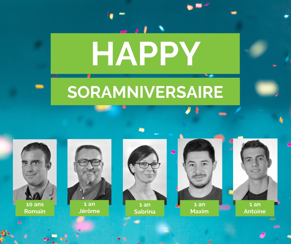 #Soramniversaire #Inside
Nous souhaitons un joyeux Soramniversaire à Romain qui a fêté ses 10 ans dans l'entreprise en décembre 🎉 
Quant à Sabrina, Jérôme, Maxim et Antoine, ils soufflent leur première bougie Soram ! 🎂 🥳
