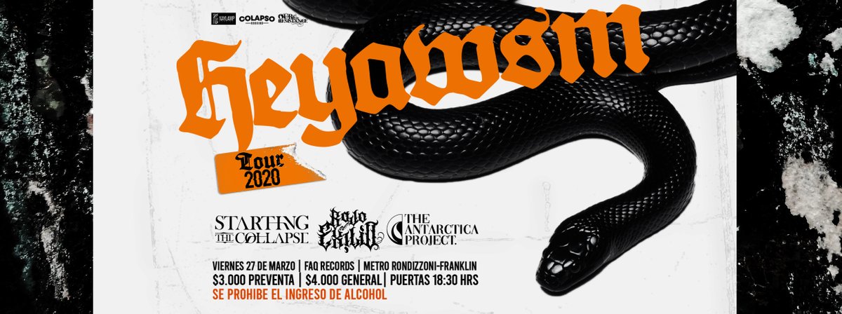 Te invitamos el viernes 27 de Marzo al show tour 2020 de los colombianos HEY AWSM en Sala Faq Records. 
Acompañanos en esta increíble jornada de la cual seremos parte junto a Starting The Collapse y The Antarctica Project 

Para información de pre-ventas escribenos por DM