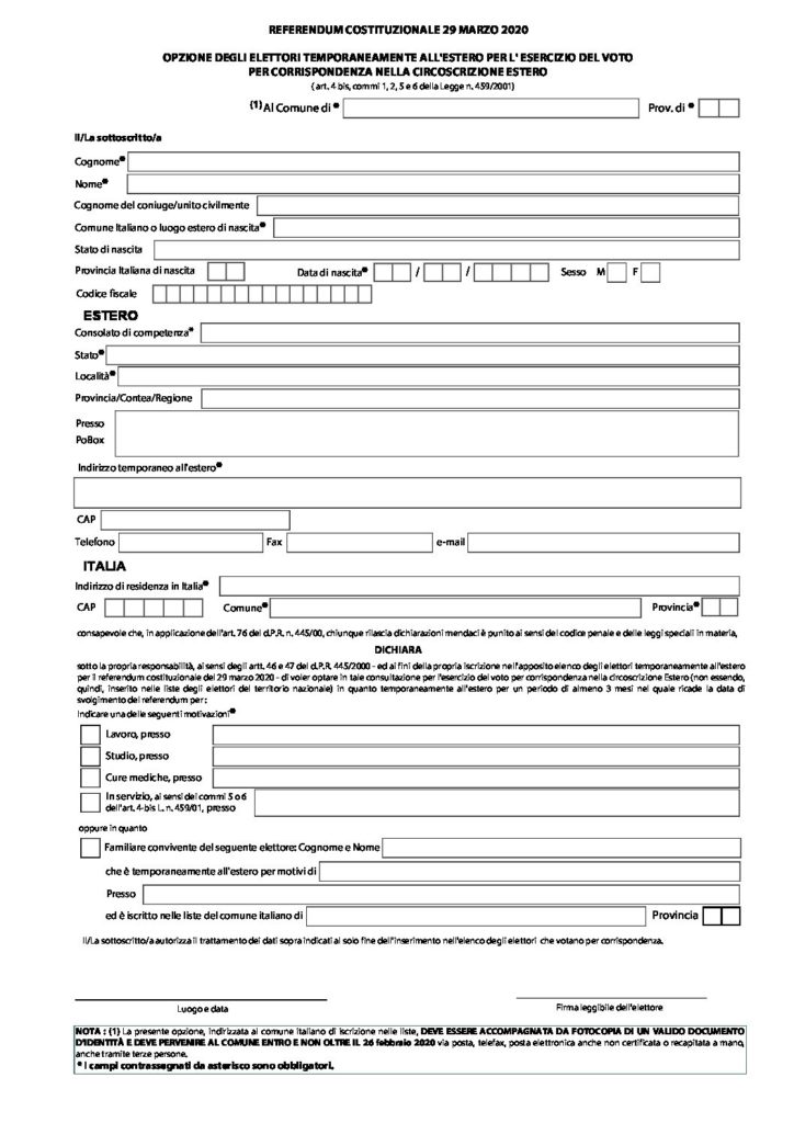 REFERENDUM DEL 29.03.2020 - ELETTORI TEMPORANEAMENTE ALL'ESTERO - comune.almese.to.it/2020/02/refere…