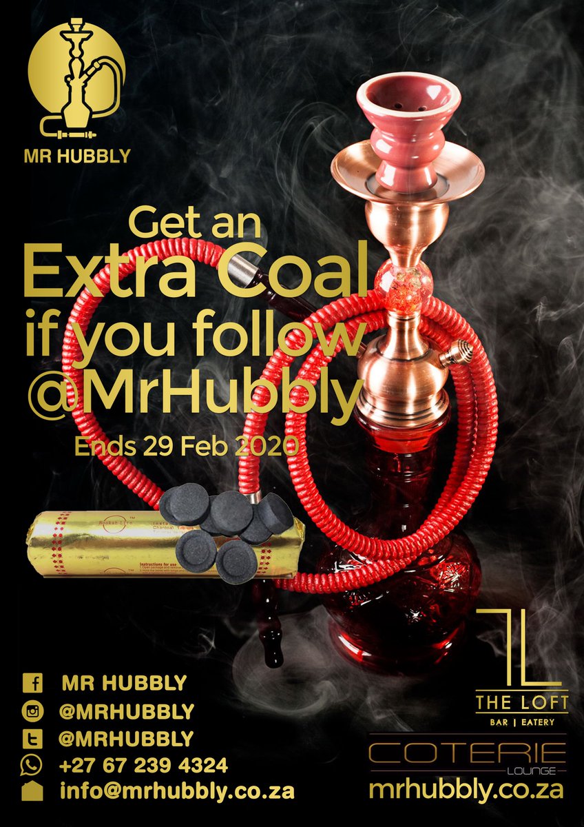 mrhubbly's tweet photo. Mr Hubbly is giving an extra coal to all our followers @theloft_za, coterie lounge and our event stalls. Order our hubbly for a great Hubbly experience. Spread the word.

#MrHubbly #Hubbly #hookah #shisha #hookahbar #smoke #Bloemfontein #Waterpipe #TheLoft #CoterieLounge https://t.co/Q25XvFVm85