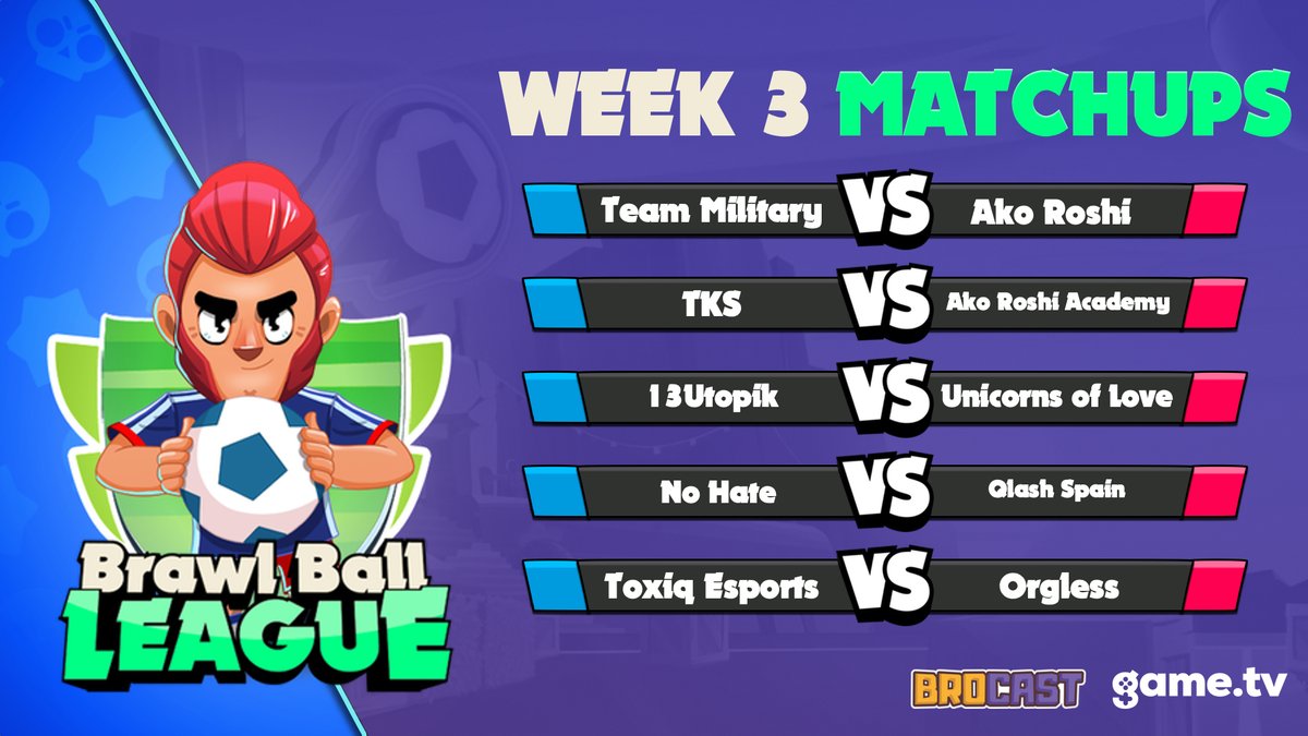 BrawlBallLeague's tweet photo. Here are the Matchups for today 🤩 Stream is starting at 19:00 (UTC+1) #BrawlStars #BBLS3 #BroCast https://t.co/ewyzjhSXcV