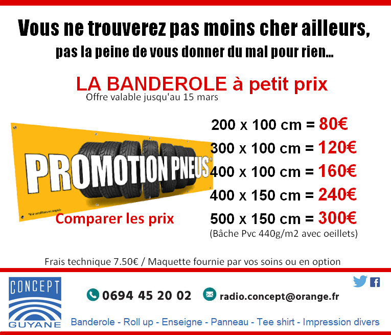 conceptguyane's tweet image. Vous ne trouverez pas moins cher ailleurs, pas la peine de vous donner du mal pour rien. Comparer les prix !!!

(Bâche Pvc 440g/m2 avec oeillets)
La banderole à petit prix !

📧 radio.concept@orange.fr / ☎️0694 45 20 02
#banderole #guyane #signaletique #cayenne #impression