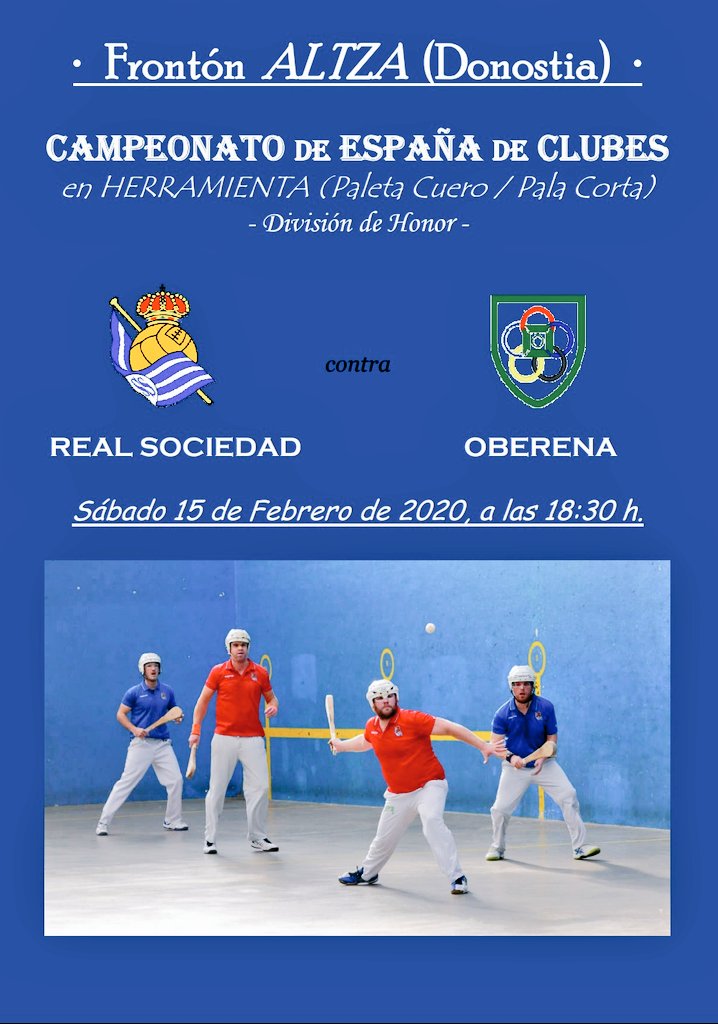 Cto. España <a href="/fepelota/">FEPelota</a> Jornada6
#clubesF36m #Herramienta

<a href="/RealSociedad/">Real Sociedad Fútbol</a> vs <a href="/Oberena/">Oberena</a>