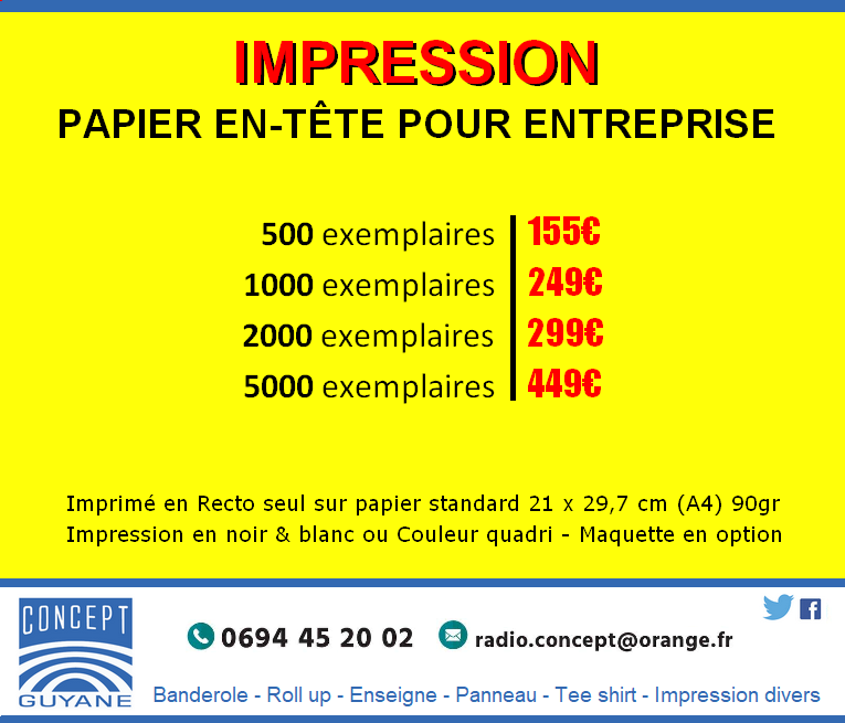 conceptguyane's tweet image. Impression de papier à lettre personnalisé.
Indispensable il permet aux entreprises d'être reconnues immédiatement. Il est idéal pour la création de devis, de factures ou l'envoi de courriers administratifs.

Vos devis: radio.concept@orange.fr / 0694 45 20 02