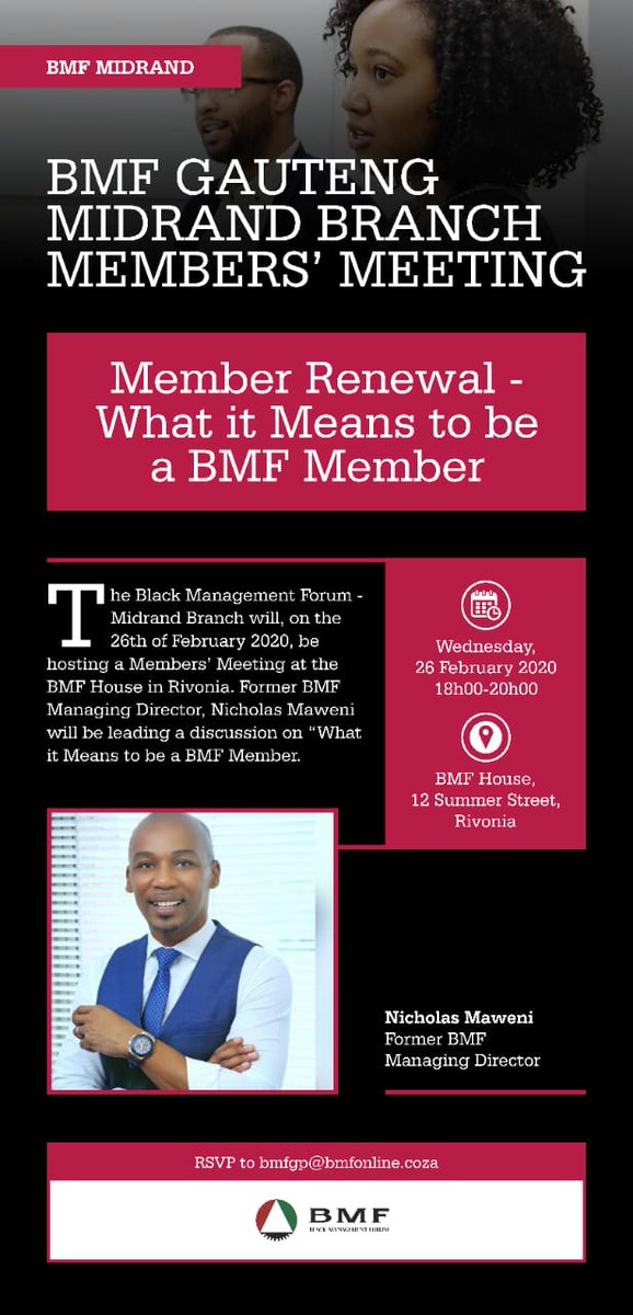 The <a href="/BmfMidrand/">@BMF Innovation & Invention</a> <a href="/BMFGauteng/">BMF Gauteng</a> hereby invites you to an interactive session with <a href="/NicholasMaweni/">Nicholas Maweni</a> Former BMF Managing Director  RSVP to bmfgp@bmfonline.co.za