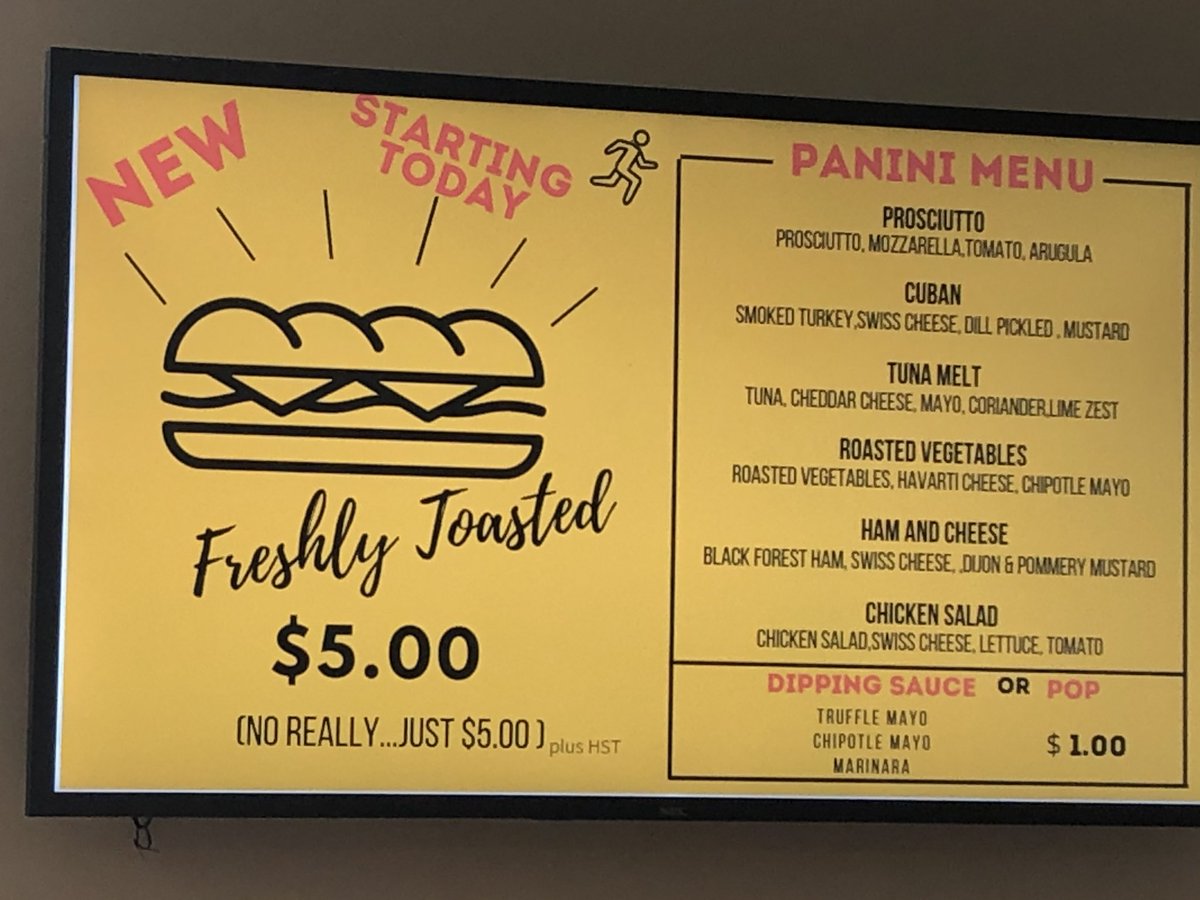 FDimanche's tweet photo. Have you tried yet #RUDining or the new Ted’s Kitchen menu? You like hot sandwiches and paninis? Check it out today! @HTMRyerson @TRSMRyersonU https://t.co/9oGmrZ4iCL