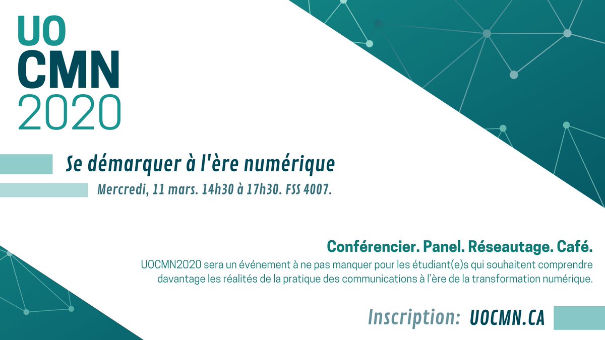 Le Département de #communication de l'<a href="/uOttawa/">Université d'Ottawa | University of Ottawa</a> est fier de présenter la #conférence #UOCMN2020, « Se démarquer à l'ère #numérique », qui aura lieu le mercredi 11 mars de 14h30 à 17h30 à FSS4007! 
<a href="/uOttawaArts/">uOttawa Arts</a>
Plus de détails à venir!
Inscription ➡🎫bit.ly/37mS5DM