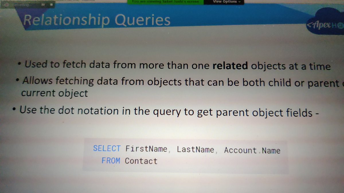 cloudyamit's tweet image. Relationship Query in @salesforce 
Via @saket__c 
#ApexHours #ApexHoursDev 
#Trailhead #Salesforce 
@ApexHours @amit_sfdc @jigarshah189 @jayeshtej @trailhead @bhaigadepuru @salesforce