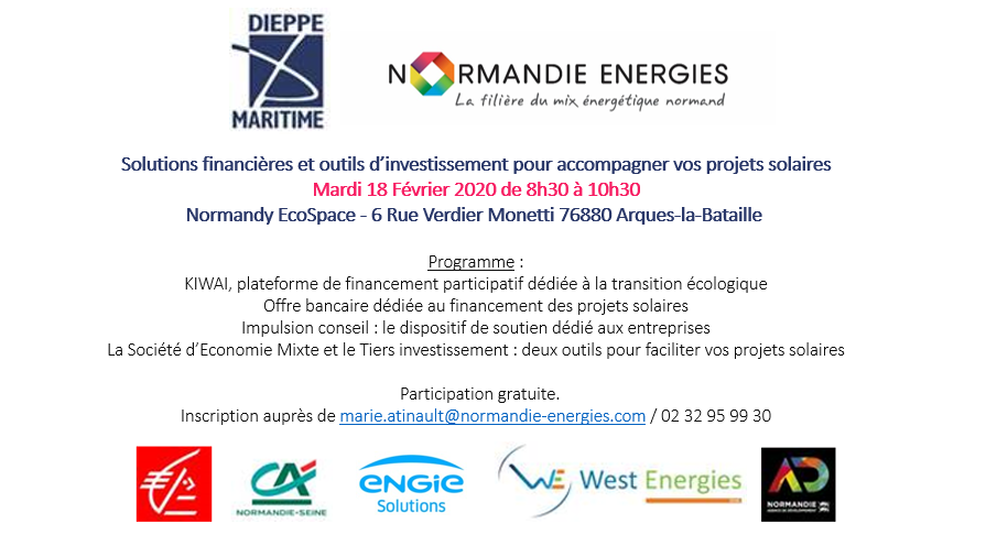 #solaire en #Normandie
Membre de Normandie Energies (<a href="/dieppemaritime/">Dieppe-Maritime</a>), nous soutenons et apportons notre expertise à cet événement sur les «Solutions financières, subventions et outils d’investissement pour accompagner vos projets solaires ». RDV le 18/02. #Energie