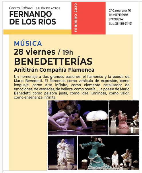 JMDLatina's tweet photo. 💃👏 Avance final de mes: pedazo de espectáculo en el Cultural Fernando de los Ríos.
Beneddetterías, con la Compañía flamenca Anitirán con Ana Lloris a la cabeza.
Un homenaje a la poesía de Mario Benedetti con el flamenco como protagonista.
Viernes 28 de febrero a las 19 h. https://t.co/vbSXZkNmfB
