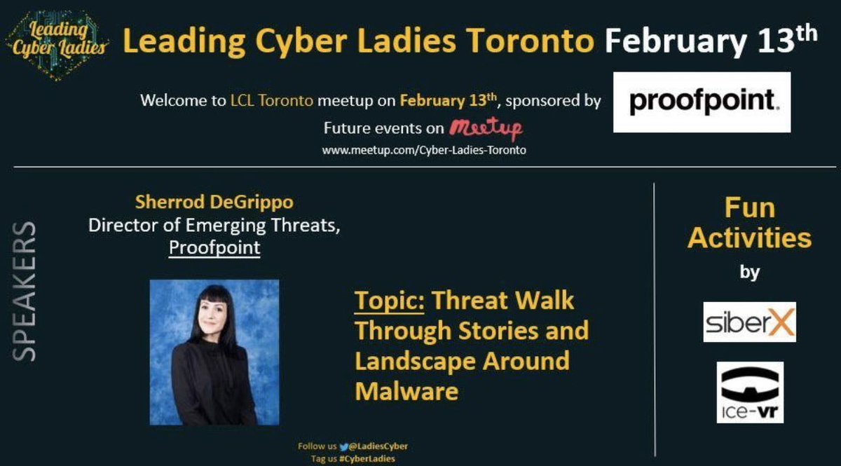 e2hln's tweet photo. Tonight’s @LadiesCyber meetup with @sherrod_im at @proofpoint with a talk on #malware 😃 See you there!

Register on Meetup:
https://t.co/nc0hhyRzWC

#CyberLadies @siberxorg @iceVRzone #wearecyber #womenincyber #womenintech https://t.co/bpghxujL4F