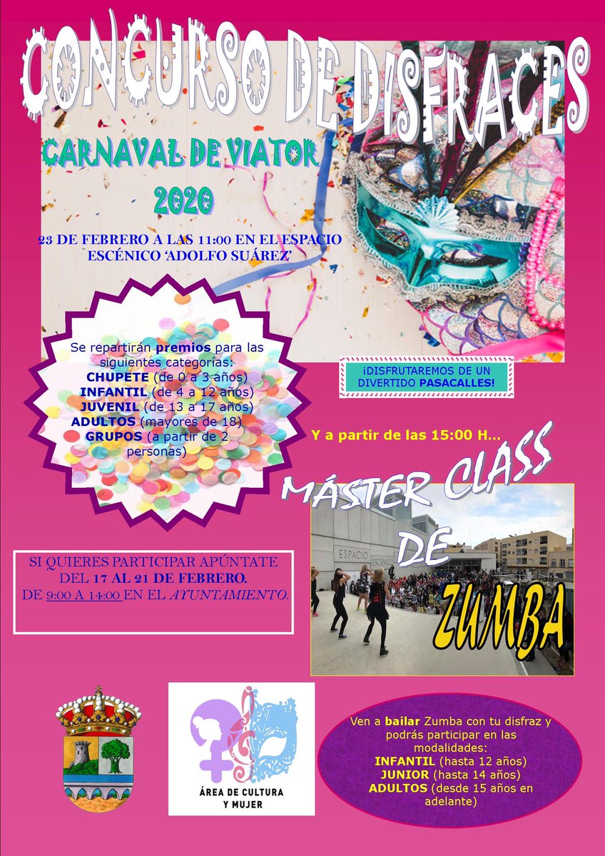 CARNAVAL VIATOR 2020. A partir del lunes 17 hasta el viernes 21, apúntate al CONCURSO DE DISFRACES y a la MASTER DE ZUMBA que se celebrarán el día 23 de febrero en el Espacio Escénico. ¡Anímate y participa! 🥳🎭#CarnavalViator2020