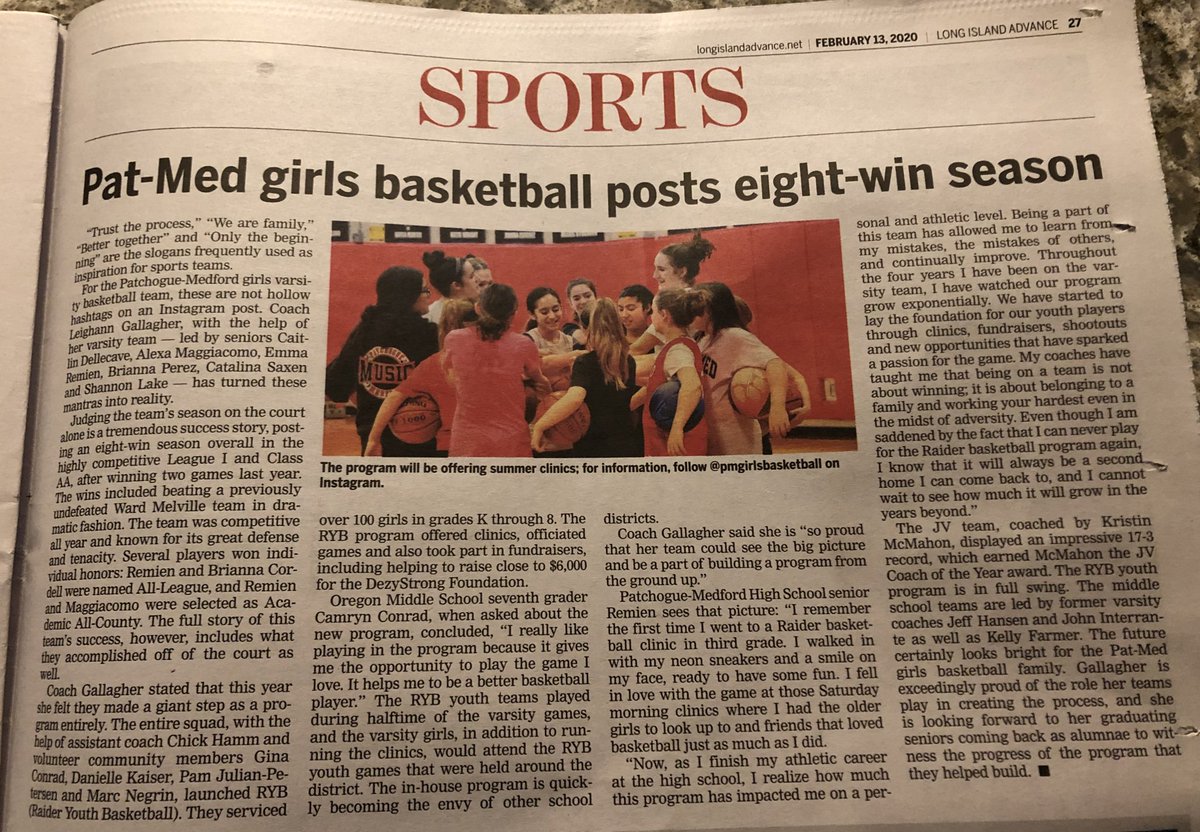 Congrats to <a href="/PMcoachGALL/">Coach Gallagher</a> and the <a href="/PM_girlsBBALL/">PM Girls Basketball</a> program! #RaiderFamily #RaidersInTheNews <a href="/LIAdvance/">Long Island Advance</a> <a href="/PatMedTeachers/">PMCT Teachers Union</a> @PatMedSchools <a href="/PatMedAthletics/">Pat-Med Athletics</a>