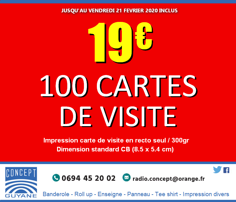 conceptguyane's tweet image. CARTE DE VISITE à petit prix !

Vous ne trouverez pas moins cher ailleurs, pas la peine de vous donner du mal pour rien...! Comparer les prix avant d'acheter.

📧 radio.concept@orange.fr / ☎️0694 45 20 02
#cartedevisite #banderole #guyane #signaletique #cayenne #impression