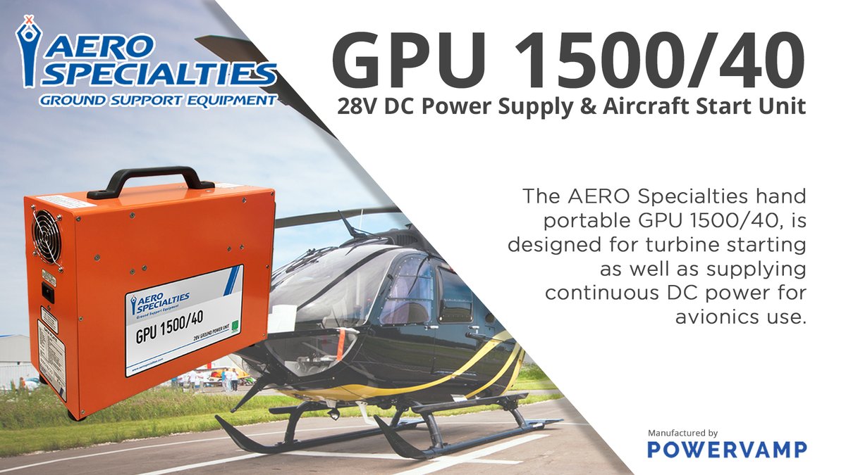 The <a href="/aerospecialties/">AERO Specialties</a> GPU 1500/40 is a true combination GPU, designed for turbine starting as well as supplying continuous DC power for avionics use.

For full technical information:
powervamp.com/products/combi…
#aerospecialties #aviation #groundpowerunit