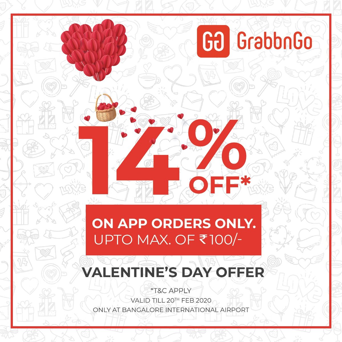 If you're flying to anywhere from Bangalore, between 14th to 20th February, avail the sweet Valentine's discount.

#discount #valentine's #valentines #valentinesdiscount #GrabbnGo #NeverFlyHungry
