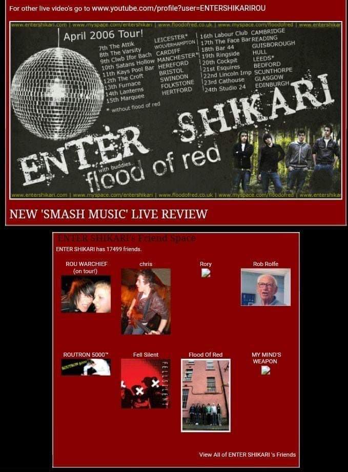 <a href="/ENTERSHIKARI/">ENTER SHIKARI</a> <a href="/floodofred/">F L O O D O F R E D</a> back in the days of 50 date UK tours and sleeping in the back of an LDV Convoy.