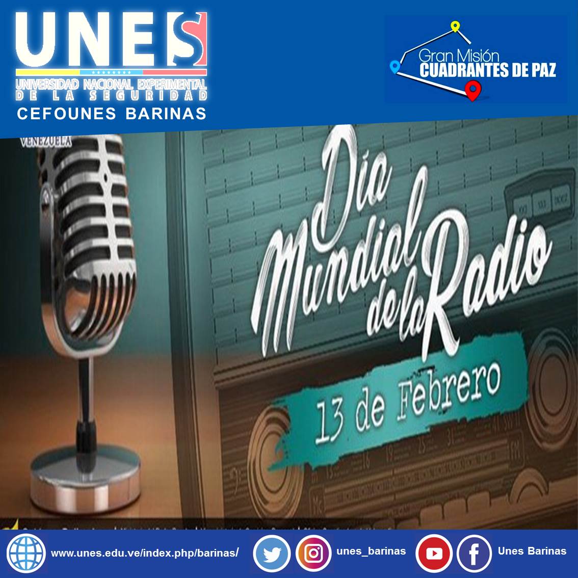 unesbarinas_'s tweet photo. #TalDiaComoHoy #13Feb de 2012; se conmemora #DiaMundialDeLaRadio, medio informativo más emblemático y dinámico, a pesar de los avances y nuevos sistemas de comunicación que han aparecido en el último siglo. @UUniversidad #UNES #Barinas @NestorLReverol @gralcacioppo @jbarrios_cpeb https://t.co/5yXZPfbc4V