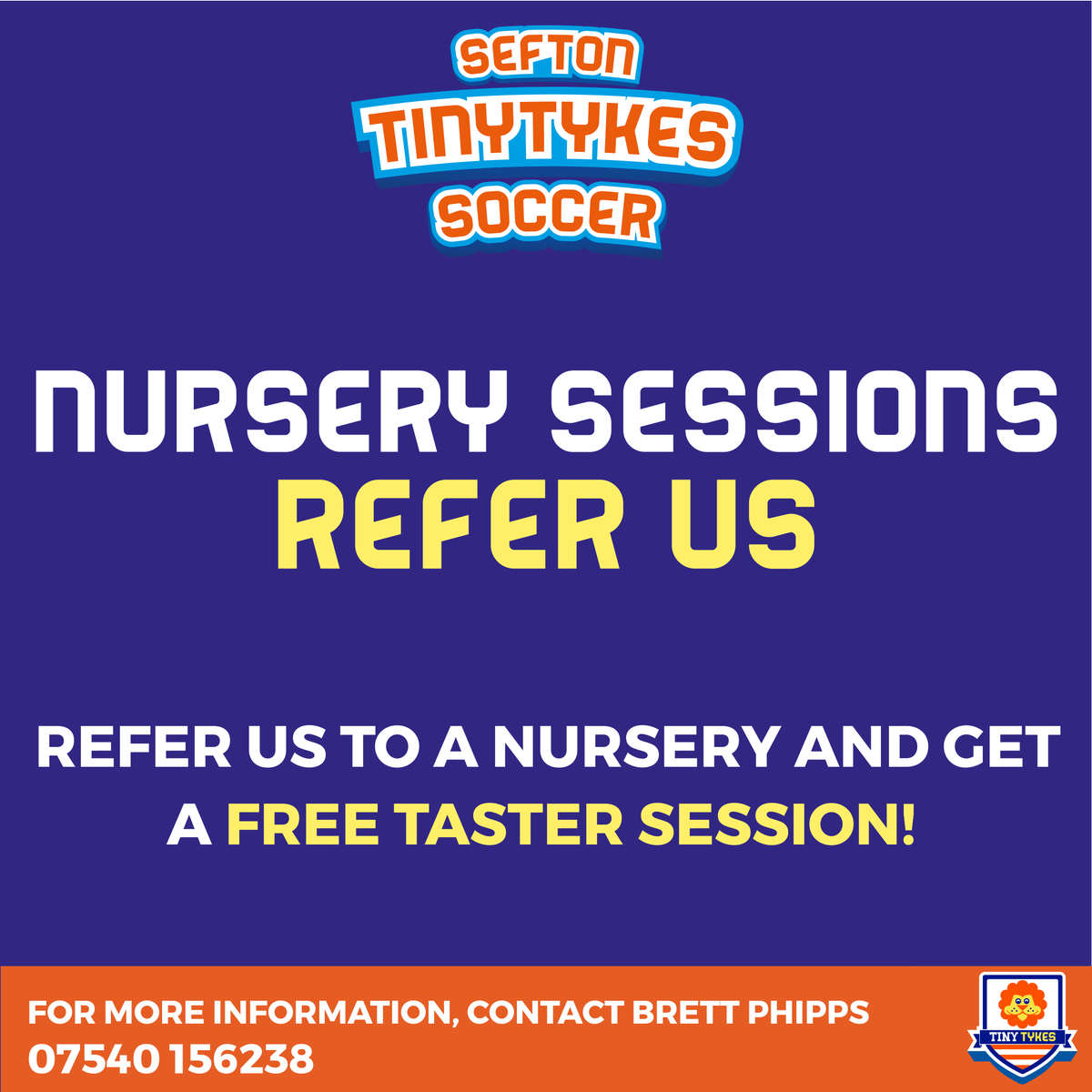cssefton's tweet photo. Does your child's nursery lack a soccer curriculum? Refer Sefton TinyTykes for a free taster session! Call the number shown for more information! 

#TinyTykes #Soccer #YouthSoccer #NurserySports https://t.co/Hvoj4NB5Ip