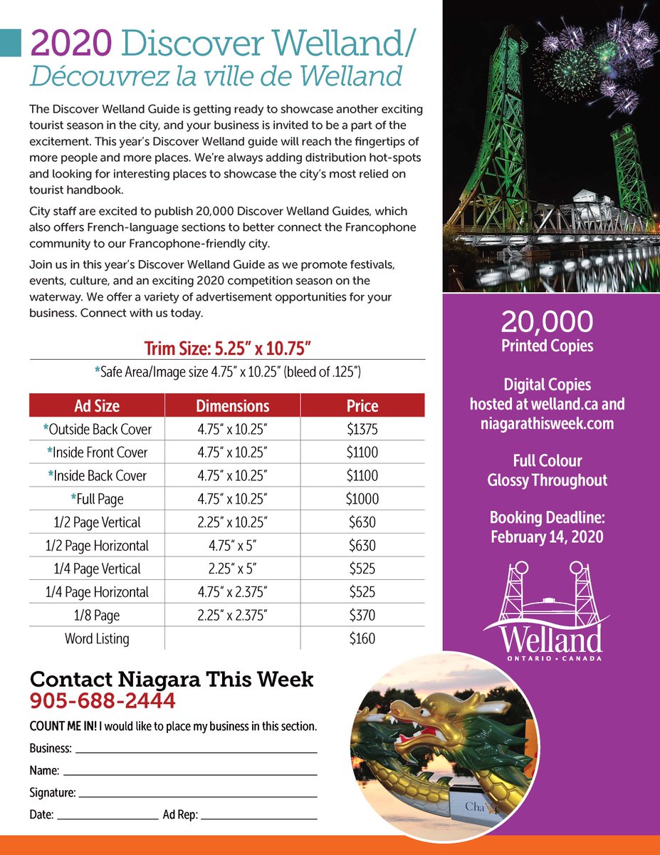 Welland's tweet photo. The city's 2020 Discover Welland guide showcases all the special events and waterway competitions happening this summer throughout the city. We welcome your business to be a part of the excitement. Contact Niagara This Week and reserve your spot today! #ThingsToDoInWelland https://t.co/RAp74Kkdjf