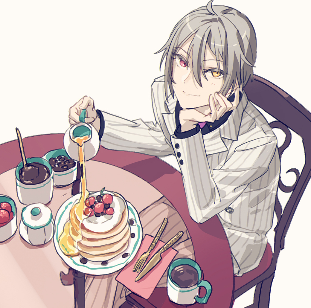 sitting male focus food heterochromia 1boy solo grey hair  illustration images