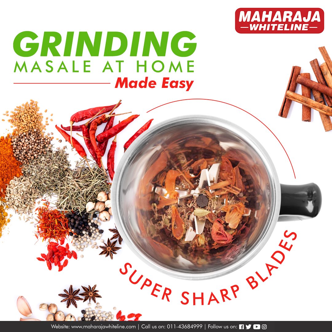 MWhiteline's tweet photo. Why bother going to the market to buy spices when you can grind masalas at home? Ensure better quality & texture with Maharaja Whiteline Mixer Grinders’ stainless steel super sharp blades!
Start grinding today: https://t.co/57CossnhyP
#MaharajaUltramaxHD #SuperSharpBades https://t.co/33hXKpB3rA