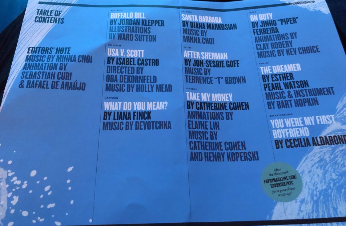 roninnewyork's tweet photo. Among the best of last night’s @PopUpMag: #DianaMarkosian’s #SantaBarbara (great writing/storytelling;heartfelt delivery); #EstherPearlWatson’s #TheDreamer (brave/honest;great illustration/animation); #IsabelCastro’s #USAvScott (eye-opening); @catcohen’s #TakeMyMoney (hilarious). https://t.co/hcs0qTAJ9K