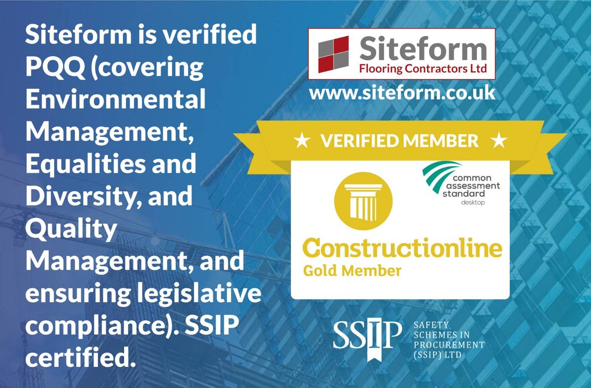 siteform_f's tweet photo. Siteform is a verified Gold Member of Construction Line. We are SSIP certified and also PQQ verified. 
#environmental #management #equality #diversity 
#flooring #contractor #flooringsolutions https://t.co/z5FpemrKOa