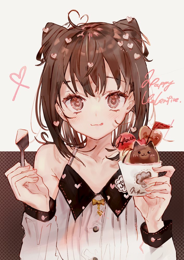 1girl solo brown hair heart tongue out tongue food  illustration images