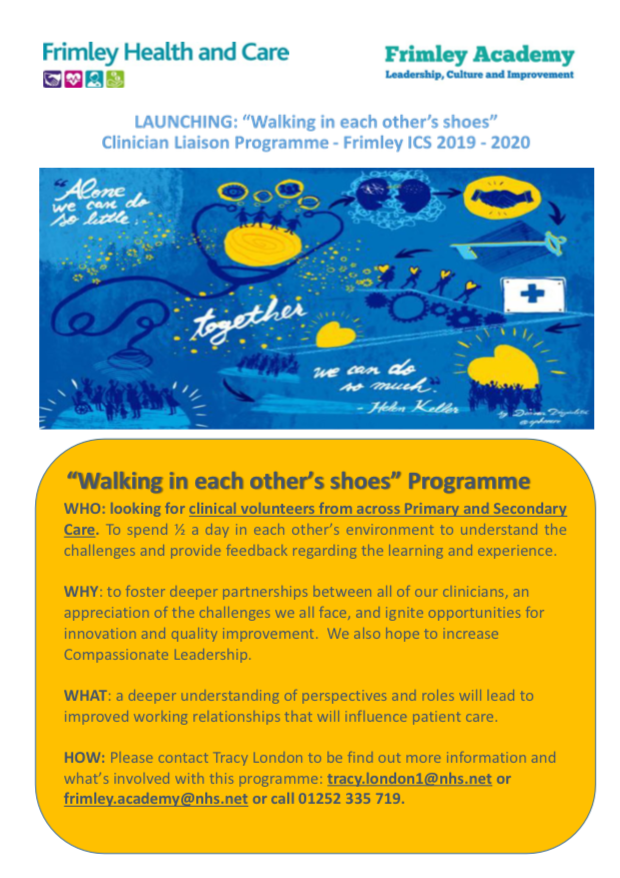 Frimley ICS Clinicians - Please find details for our "Walking in each other's shoes" Programme.  If you're interested please contact <a href="/AcademyFrimley/">Frimley Academy</a> or Tracy London on details below.  <a href="/FrimleyHealth/">Frimley Health NHS Foundation Trust 💙</a> <a href="/FrimleyHC/">FrimleyHealth&CareICS</a> <a href="/FHFT_HR/">Frimley Health Human Resources</a> <a href="/FHFT_LearningOD/">Frimley Health Learning and OD 💙</a> <a href="/FrimleyPCW/">Frimley CCG Collaborative Primary Care Workforce</a>