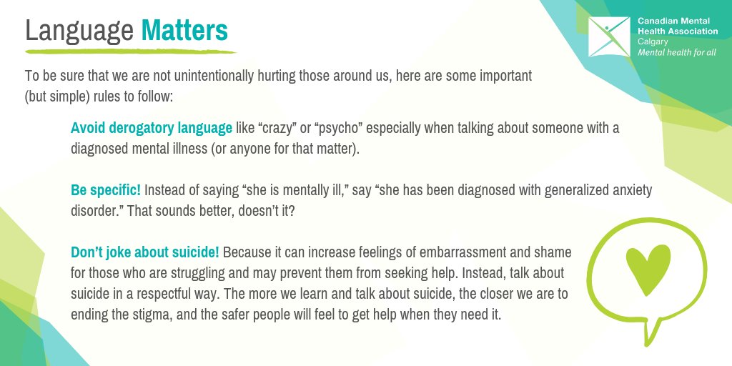 CMHACalgary's tweet image. Combating stigma starts with the language we use. Everyone can be a champion against stigma when advocating the use of accurate and respectful language.