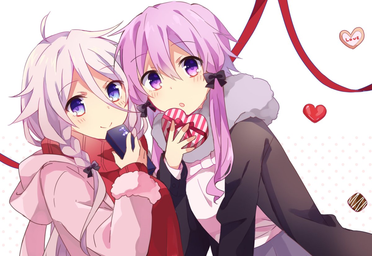 ia (vocaloid) ,yuzuki yukari multiple girls 2girls purple hair purple eyes box braid valentine  illustration images