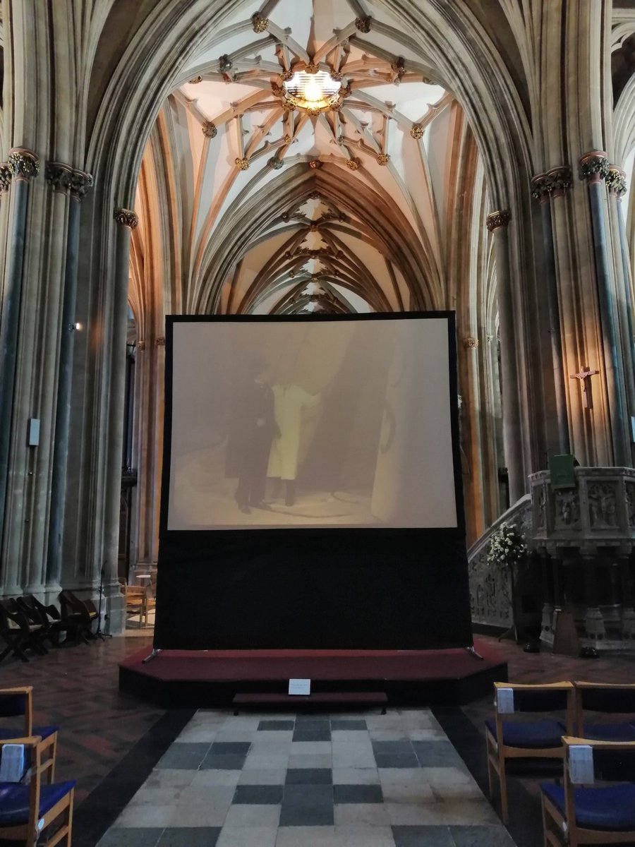 Screen set up for tonight's @SWSilents screening of The Cabinet of Dr Caligari (1920) with @bednallmusic at the organ. #silentfilm #cinema #bristol #cathedral #bristolcathedral