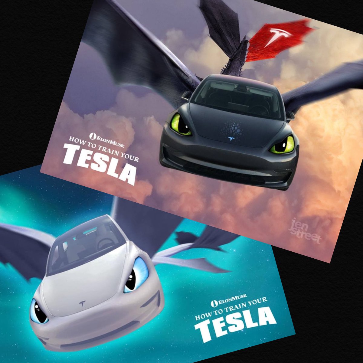 jenstreet's tweet photo. Hard to believe that I created these a year ago already! Never thought it would lead to me turning my #Tesla #Model3 into #Toothless for Halloween! 🤣 #ToothlessTesla #HTTYD #HowToTrainYourDragon #NightFury #LightFury #TeslaArt #TeslaArtwork #FanArt https://t.co/vQUuzE7EpY