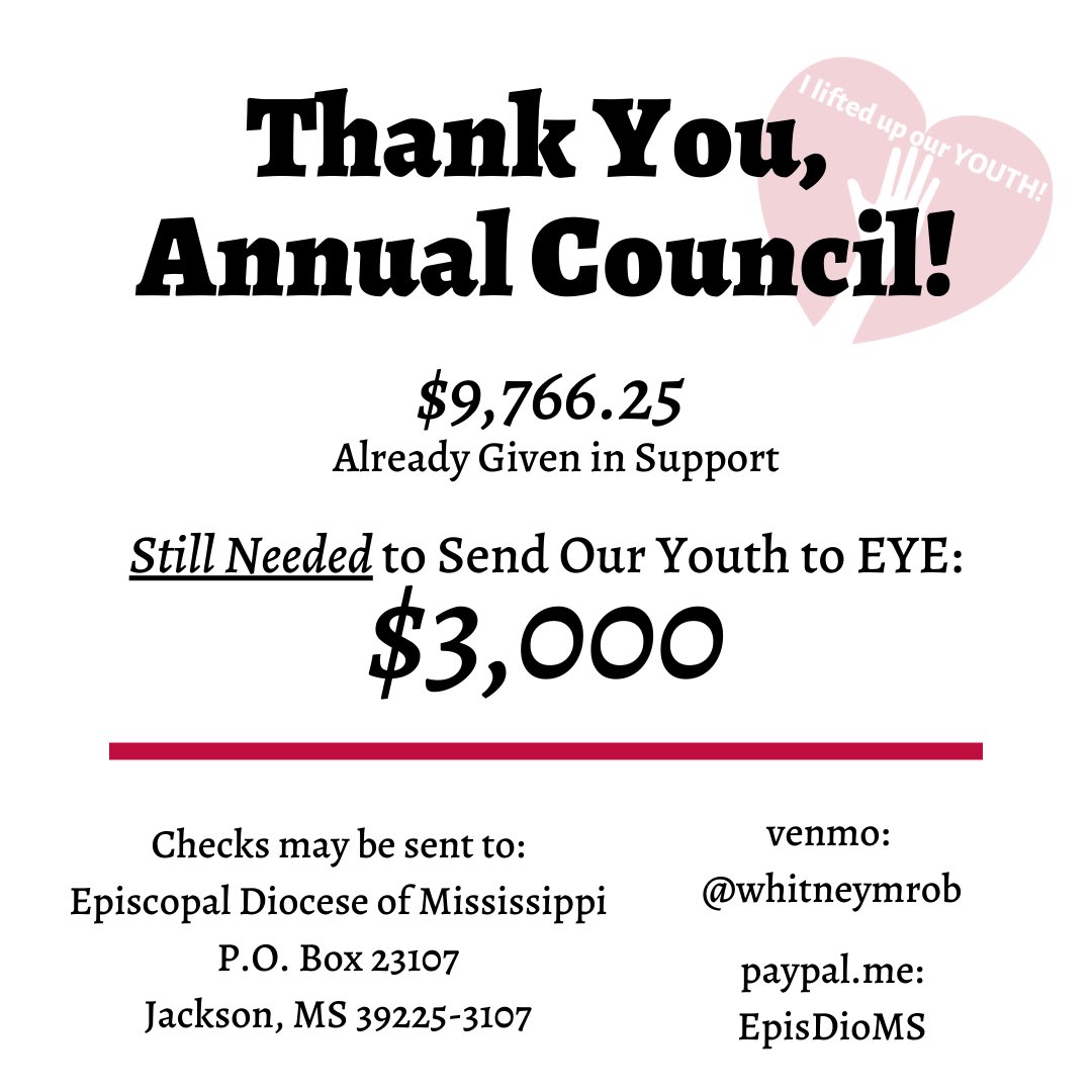 EYE is the church-wide youth event held every three years.  12 youth from MS would like to represent our diocese and ministry here.  Every dollar is greatly appreciated!