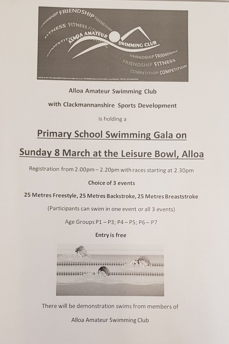 Our friends <a href="/AlloaASCSwim/">Alloa Swimming Club</a> are holding a primary school swimming gala. Entries from those who can confidently swim 25m without armbands should be made via the school. <a href="/FishcrossPE/">Fishcross Primary PE</a> <a href="/ActiveClacks/">ActiveClacks</a> <a href="/CPSSASports/">CPSSAsports</a> <a href="/ClacksCouncil/">Clackmannanshire Council</a>