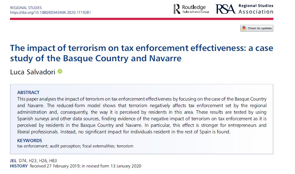 New article published in @RegionalStudies: The impact of terrorism on tax enforcement effectiveness measured in terms of perceived audit rate. bit.ly/39x7Bym @TARC2013 @FundacioIEB #TARC #IEB #TaxEnforcement #AuditPerception #FiscalExternalities #EconomicsOfTerrorism