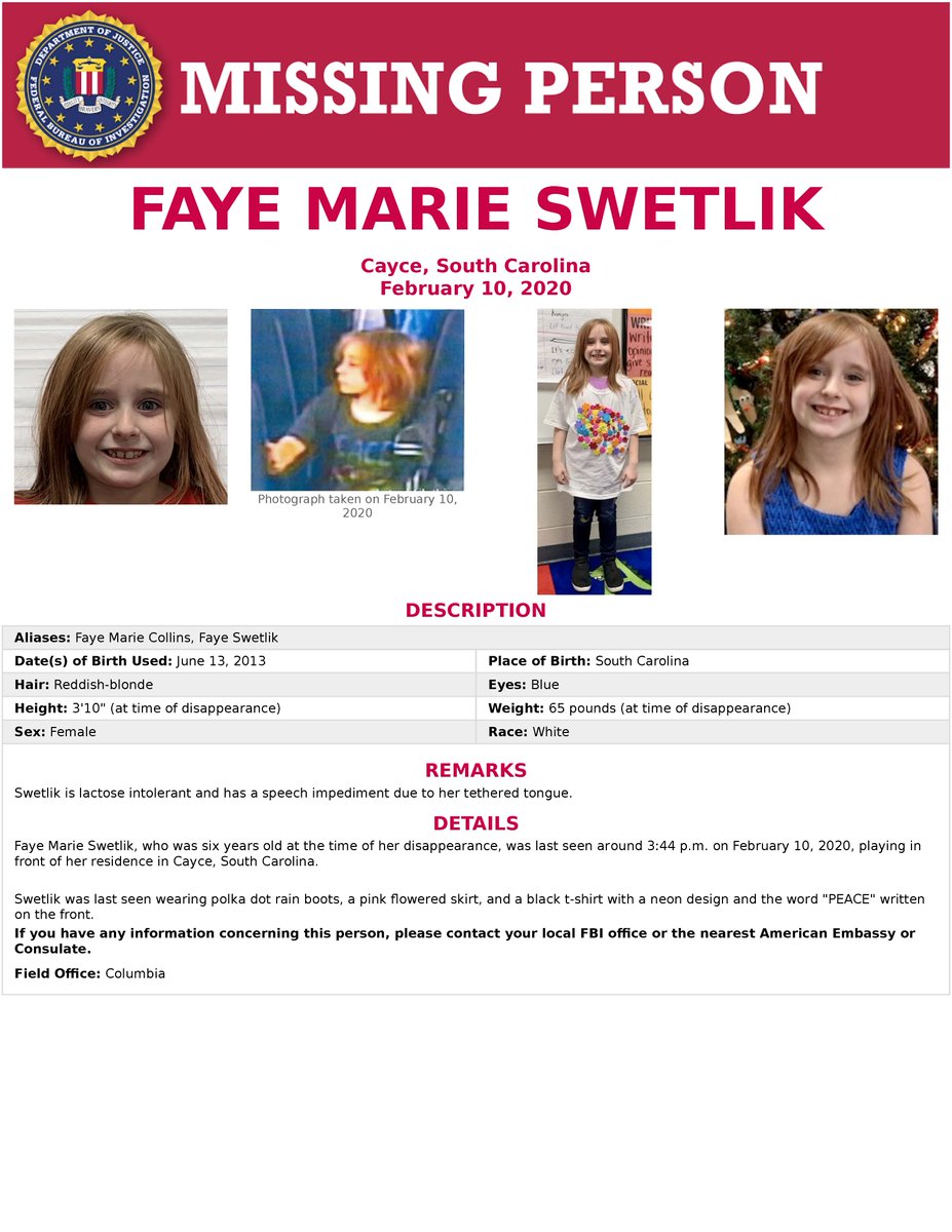 FBICharlotte's tweet photo. The #FBI is assisting @Cayce_DPS & other SC law enforcement agencies to #FindFaye. Please call the Faye Swetlik Hotline at
803-205-4444 if you have information to help bring this precious little girl home. https://t.co/AfVKYWbhU1