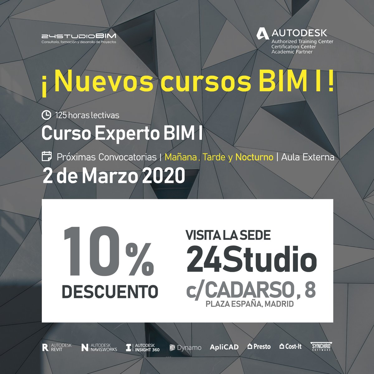 // MATRICÚLATE EN [BIM I: CURSO EXPERTO ARQUITECTURA]

Aprovecha esta oportunidad y apúntate a uno de nuestros Cursos Experto BIM I del 2 de marzo.

Visita nuestra sede en calle Cadarso nº8 (Plaza de España, Madrid) y disfrutarás de un 10% de descuento; aprovecha y matricúlate.