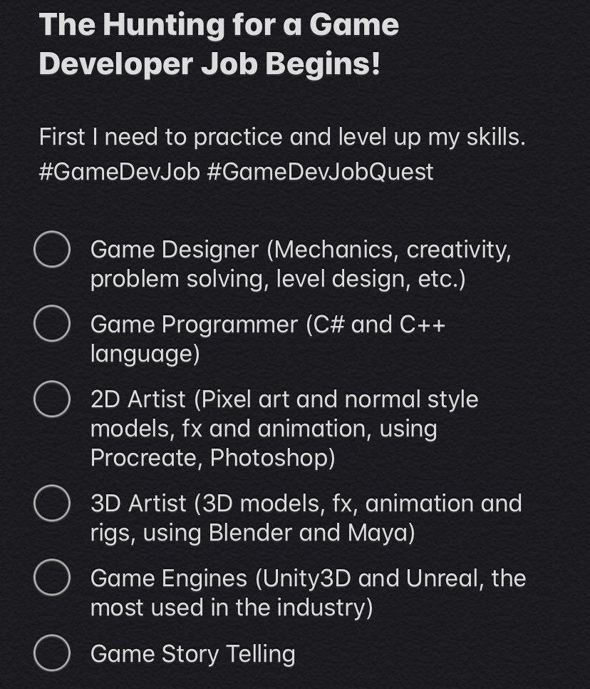 daviidraverse's tweet image. This is what I need to practice. I want to get a job as a game developer! 🙌🏼🎮 Did I forget something? #Gamedev #Gamedevjob