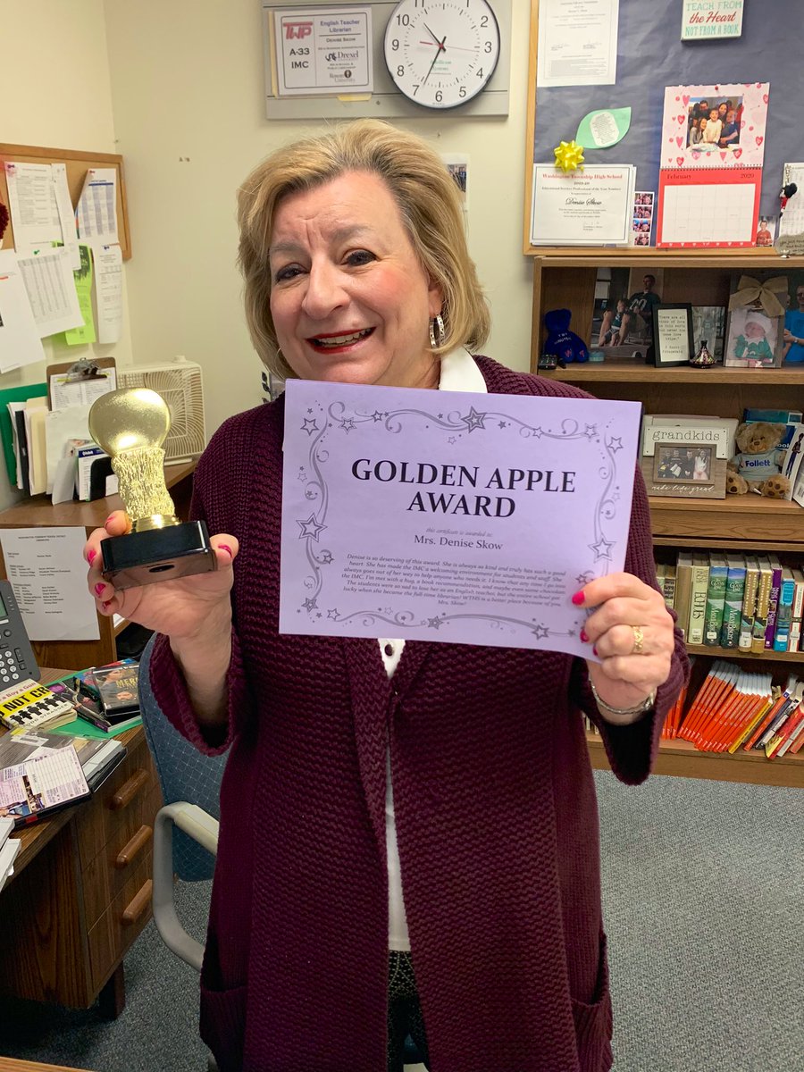 So excited to pass on The Golden Apple to the one and only Mrs. Skow! She has such a kind heart and is always willing to go out of her way for students and staff! WTHS is a better place because of Mrs. Skow! ❤️#twppride @twppride @SuperintendWTPS @LibraryWths