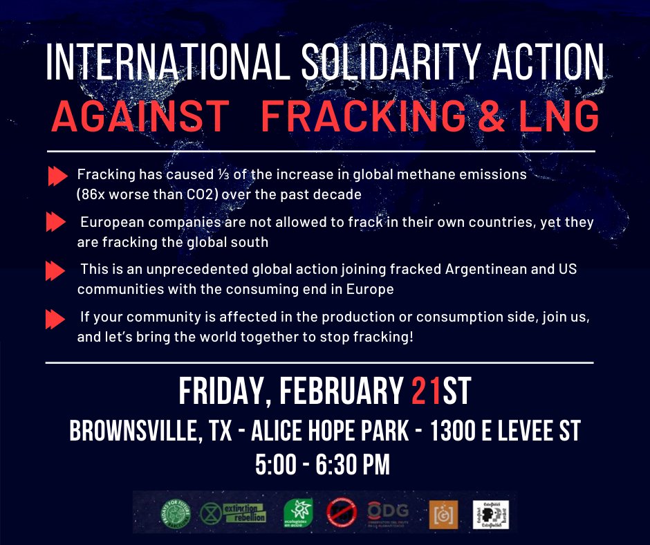 beksbot's tweet image. FRIDAY, FEB 21, Join us in Brownsville, TX, for a demonstration against fracking &amp;amp; LNG exports! Hear from the community, hold banners, &amp;amp; be part of an international solidarity action against the expansion of fracking in the US, Argentina, Spain, &amp;amp; Ireland. #BreakTheFrackingCycle